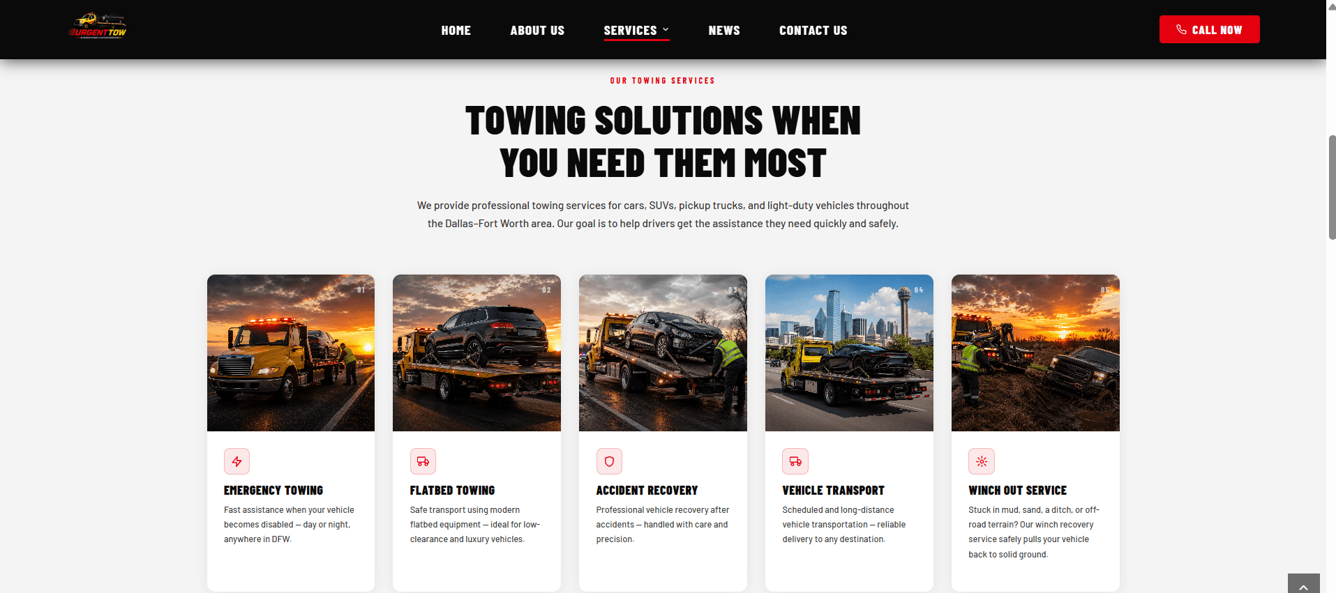 UrgentTow Network website, services page