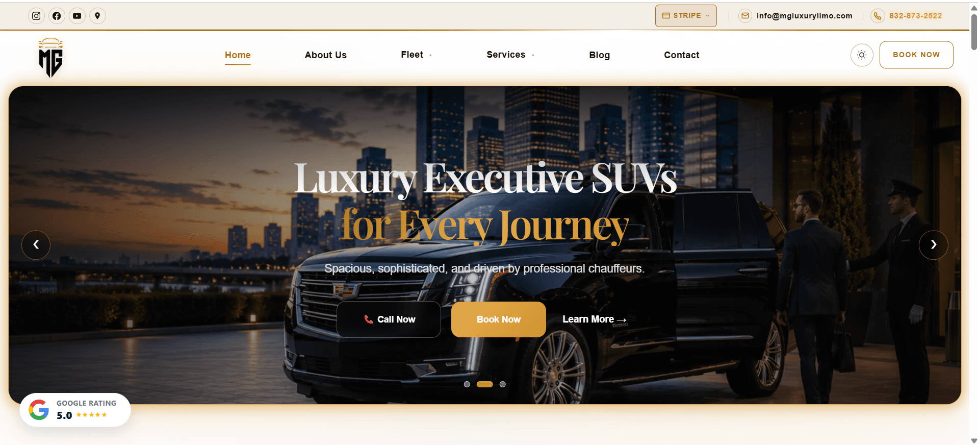 MG Luxury Limo website, light mode